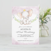 Invitation Aquarelle mignonne bébé éléphant fille premier ann (Debout devant)