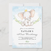 Invitation Aquarelle mignonne bébé éléphant garçon premier an (Devant)