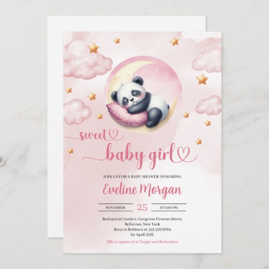 Invitation Aquarelle mignonne bébé panda fille baby shower (Devant / Derrière)