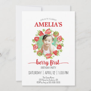 Invitation Aquarelle mignonne Berry fraise Premier anniversai