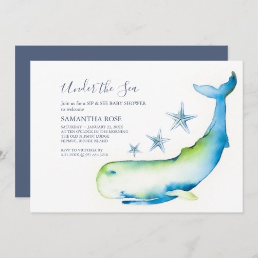 Invitation Aquarelle mignonne Bleu baleine Sip et voir Baby s (Devant / Derrière)