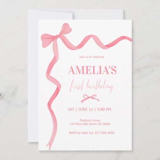 Invitation Aquarelle mignonne Bow rose Coquette 1er anniversa (Devant)