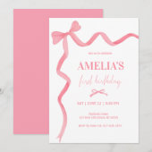 Invitation Aquarelle mignonne Bow rose Coquette 1er anniversa (Devant / Derrière)