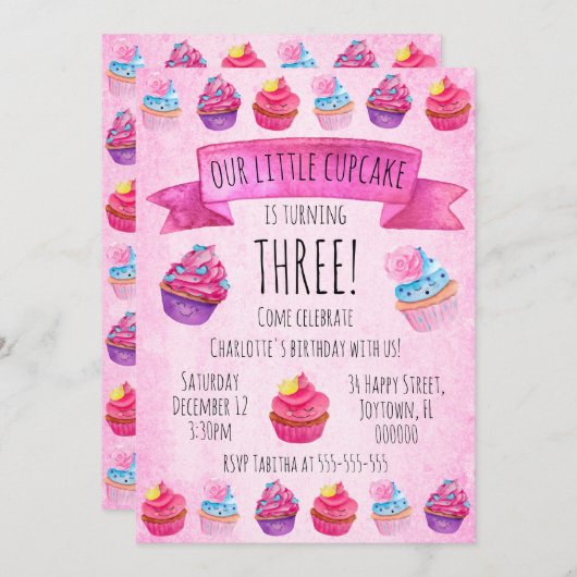 Invitation Aquarelle mignonne cupcake rose Fille anniversaire (Devant / Derrière)