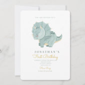 Invitation Aquarelle mignonne Dino Premier anniversaire 1er a (Devant)