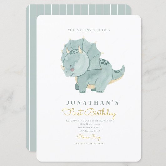 Invitation Aquarelle mignonne Dino Premier anniversaire 1er a