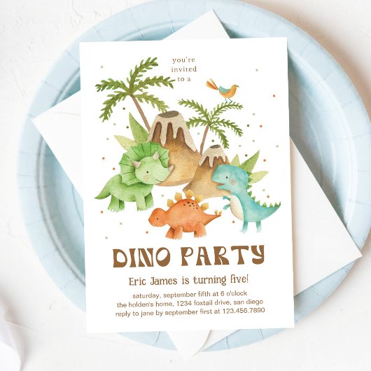 Invitation Aquarelle mignonne Dino & Volcano Anniversaire
