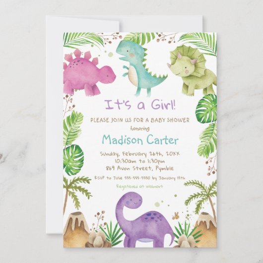 Invitation Aquarelle mignonne Dinosaure Baby shower vert fill (Devant)