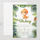 Invitation Aquarelle mignonne dinosaure Oh garçon vert tropic (Devant / Derrière)
