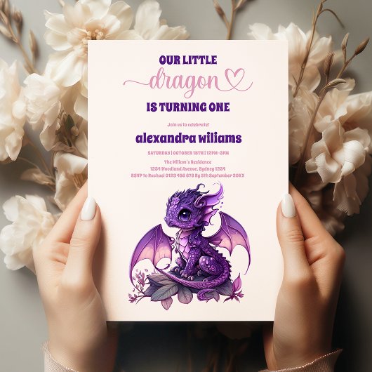 Invitation Aquarelle mignonne Dragon pourpre 1er anniversaire