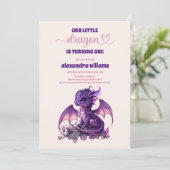 Invitation Aquarelle mignonne Dragon pourpre 1er anniversaire (Debout devant)