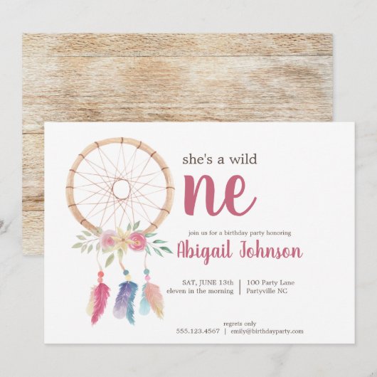 Invitation Aquarelle mignonne Dreamcatcher Premier anniversai (Devant / Derrière)