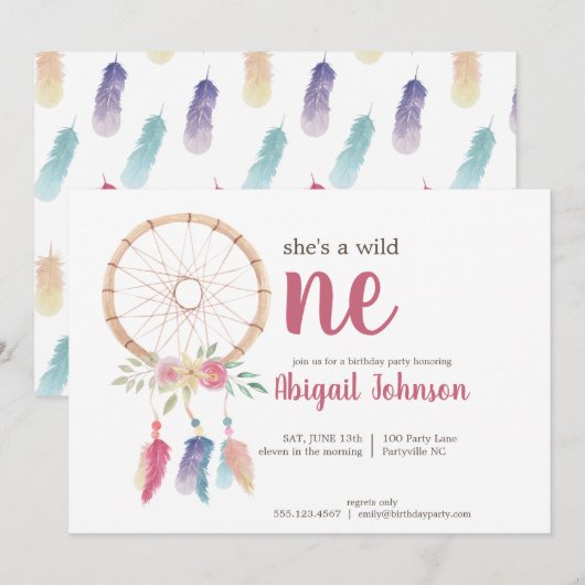 Invitation Aquarelle mignonne Dreamcatcher Premier anniversai (Devant / Derrière)