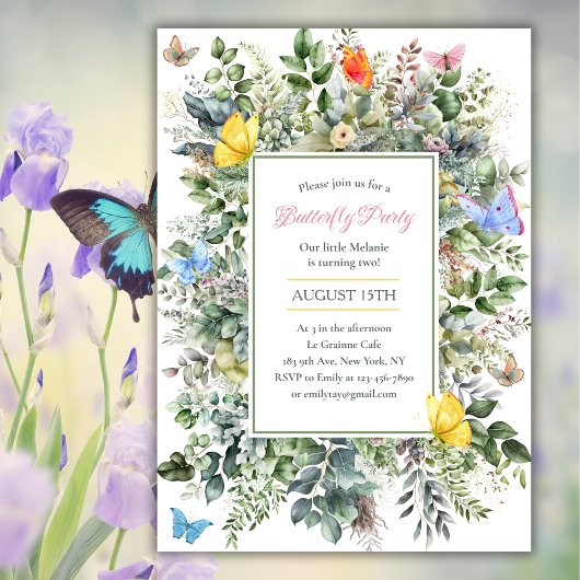 Invitation Aquarelle mignonne Fille papillon fête d'anniversa