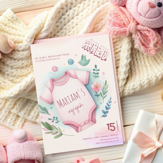 Invitation Aquarelle mignonne Floral rose bébé fille musulman