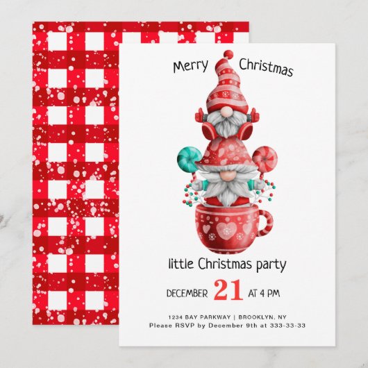 Invitation Aquarelle mignonne Gnomes Petite fête de Noël Inv (Devant / Derrière)