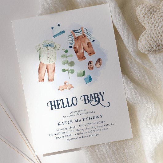 Invitation Aquarelle mignonne Hello Baby Boy Baby shower