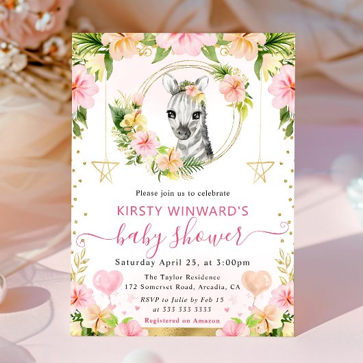 Invitation Aquarelle mignonne Jungle rose Baby shower Zebra