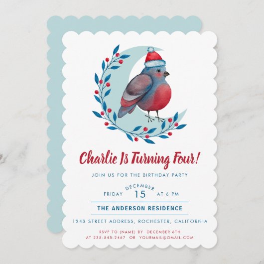 Invitation Aquarelle mignonne Noël Oiseau Enfant fête d'anniv (Devant / Derrière)