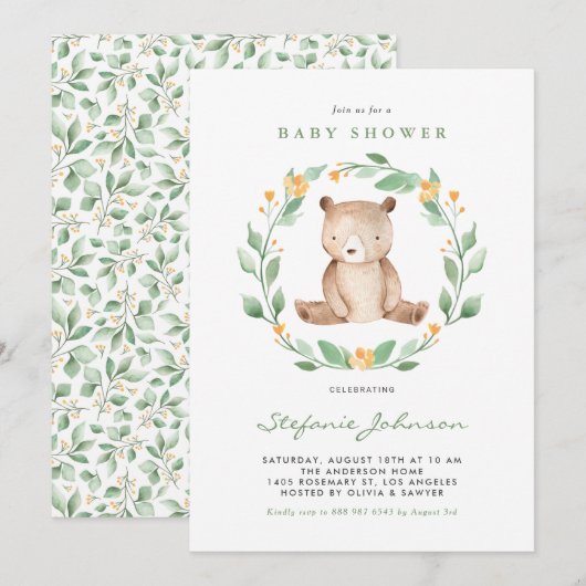 Invitation Aquarelle mignonne Ours Bébé Baby shower de bois (Devant / Derrière)