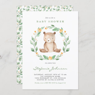 Invitation Aquarelle mignonne Ours Bébé Baby shower de bois
