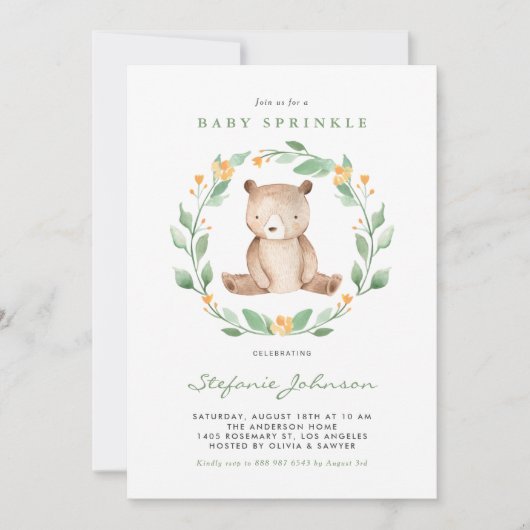 Invitation Aquarelle mignonne Ours Bébé Bois Bébé Parsemer (Devant)