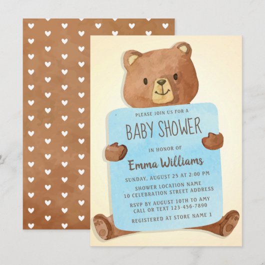 Invitation Aquarelle mignonne Ours en peluche | Baby shower g (Devant / Derrière)