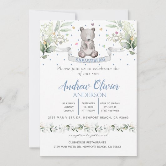 Invitation Aquarelle mignonne Ours Teddy Bébé Garçon Christen (Devant)