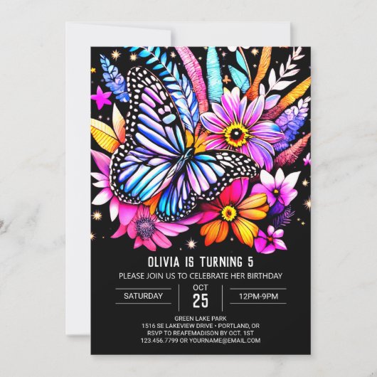 Invitation Aquarelle mignonne Papillon chic Anniversaire (Devant)