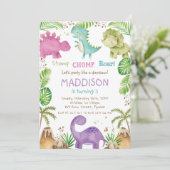 Invitation Aquarelle mignonne Pastel Dinosaures Fille verte (Debout devant)