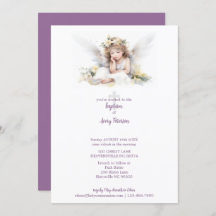 Invitation Aquarelle mignonne Petite fille Angel Croix Baptêm