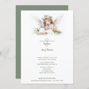 Invitation Aquarelle mignonne Petite fille Angel Croix Baptêm