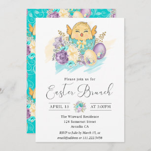 Invitation Aquarelle mignonne Poule florale dans l'oeuf Brunc