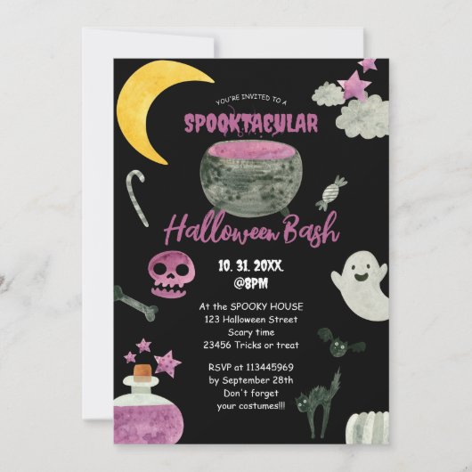 Invitation Aquarelle mignonne pourpre Halloween Bash (Devant)