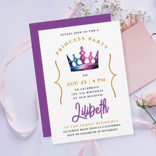 Invitation Aquarelle mignonne princesse Couronne Tiara pourpr