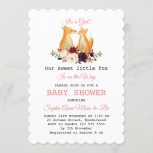 Invitation Aquarelle mignonne Renards Baby shower de fille en