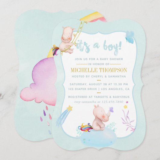 Invitation Aquarelle mignonne Rhino Unicorn Baby Boy Douche (Devant / Derrière)