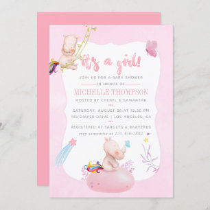 Invitation Aquarelle mignonne Rhino Unicorn Baby Girl Douche