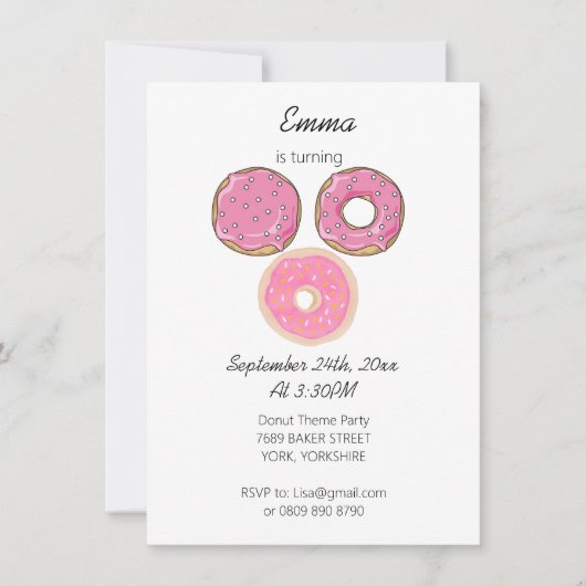 Invitation Aquarelle mignonne rose 3 beignets thème d'anniver (Devant)