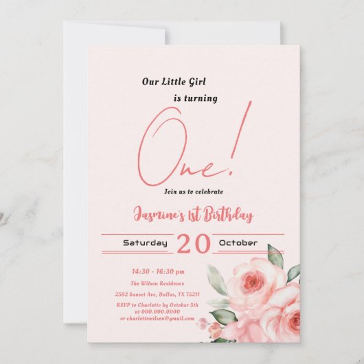 Invitation Aquarelle mignonne Rose rose bébé fille 1er annive (Devant)