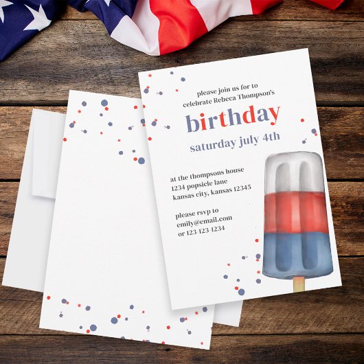 Invitation Aquarelle mignonne Rouge Blanc Bleu Popsicle été