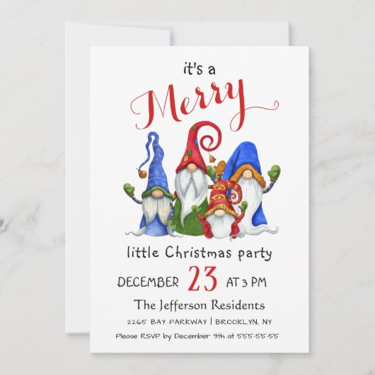 Invitation Aquarelle mignonne Rouge Gnomes Petite fête de Noë (Devant)