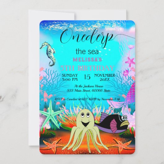 Invitation Aquarelle mignonne Sea Animaux fête d'anniversaire (Devant)