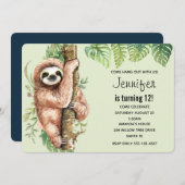 Invitation Aquarelle mignonne Sloth & Feuilles tropicaux Anni (Devant / Derrière)