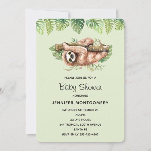 Invitation Aquarelle mignonne Sloth & Tropical Feuille Douche (Devant)