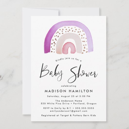 Invitation Aquarelle mignonne violet Baby shower arc-en-ciel (Devant)