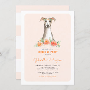 Invitation Aquarelle mignonne Whippet Peach Floral Anniversai