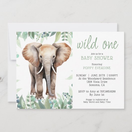 Invitation Aquarelle mignonne Wild One Elephant Baby shower (Devant)