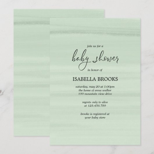 Invitation Aquarelle minimale baby shower vert menthe (Devant / Derrière)