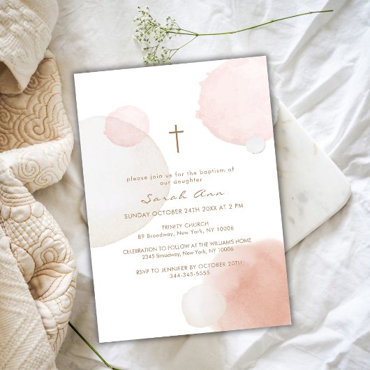 Invitation Aquarelle minimale Boho Gold Cross Baptême